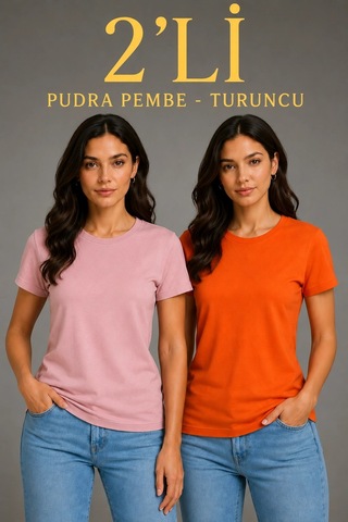 Alfanora Kadın Basic Bisiklet Yaka Yazlık Slim Fit T-shirt - Pudra Pembe & Turuncu Çok Renkli