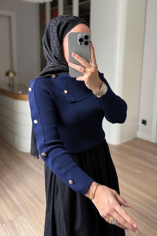Kahijab Asimetrik Yaka Truvakar Kol Triko Bluz - Lacivert