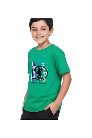 Panios Kids Sk Sport Baskılı Erkek Çocuk Kısa Kollu Yuvarlak Yaka T-shirt Yeşil