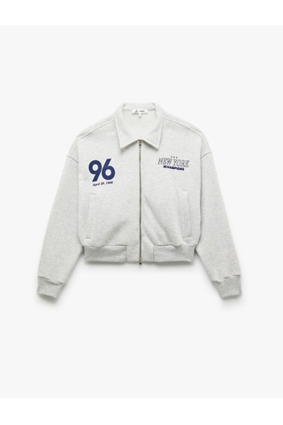 Koton Şardonlu Uzun Kollu Cepli Arkası Baskılı Fermuarlı Sweatshirt Kar Melanj 6wal10203ık Gri Melanj