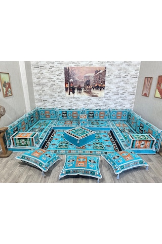 Coton Şark Köşesi Milas Desenli Minder, Kilim, Orta Puf Turkuaz