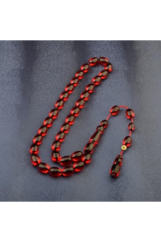 Sistem Püsküllü 11x8mm Kapsül Kesim İmzalı Ateş Kehribar Tesbih Kırmızı