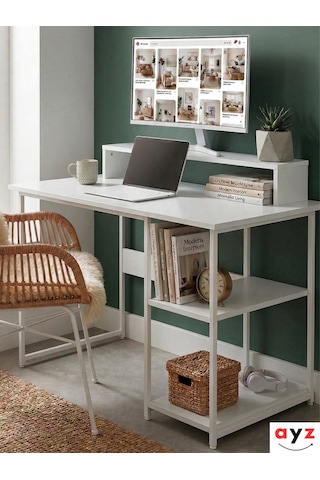 Ayz Vienna 2 Raflı Metal Ayak Çalışma Masası Laptop Masası Bilgisayar Masası 60x120cm Beyaz-beyaz Beyaz - Beyaz
