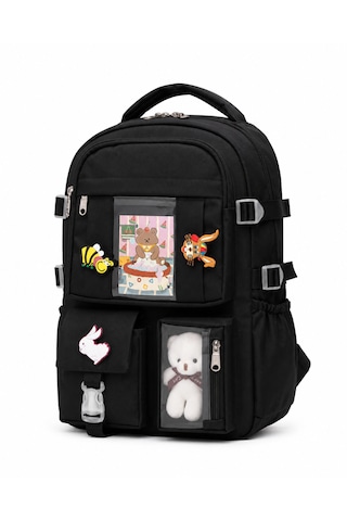 Quovo Kawaii Bag Club Kore Tarzı Full Aksesuarlı Ortopedik Günlük Yeni Okul Sırt Çantası Siyah