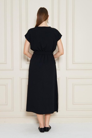 Kadın Kruvaze Yaka Cepli Derin Yırtmaçlı Beli Lastikli Aerobin Günlük Yazlık Elbise 3764341 Siyah