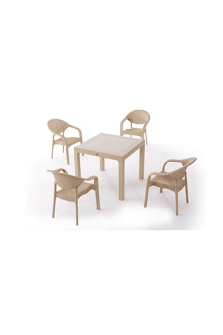 4 Adet Bambu Sandalye 90x90cm Camlı Masa Kapuçino