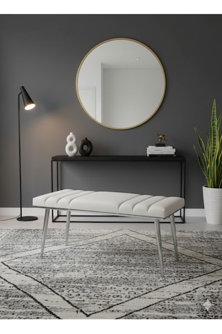 Özcan Metal Krom Metal Ayaklı Metal Kasalı Bench Mutfak Salon Antre Yatak Odası Balkon Puf Bank Krembeyaz