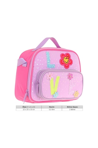 Kaukko Kids Kız Çocuk Isı Yalıtımlı İki Bölmeli Beslenme Çantası Simli Love Baskılı L7211 Pembe - Lila