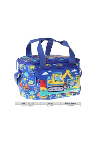 Kaukko Kids İki Bölmeli Thermo Okul Beslenme Çantası - Dinazor Ve İş Makinesi Baskılı Erkek Çocuk - L5370 Mavi - Sarı