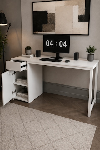Beyaz Çekmeceli Kapaklı 160 Cm Çalışma Masası, Bilgisayar Masası, Ofis Masası, Metal Ayaklı, Raflı, Kesonlu