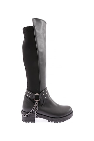 Dgn 607 Kadın Bilek Tokalı Zincir Detaylı Arkası Stretch Knee High Flats Çizme Siyah