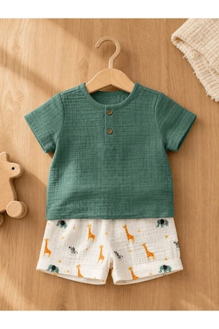 Ferasty İstanbul Unisex Çocuk Takım Şortlu Hayvan Desenli Yeşil