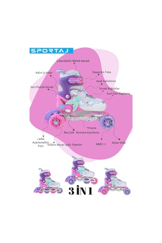 Deniz Kızı Işıklı Kız Çocuk Pateni Silikon Teker Ayarlanabilir Paten Taşıma Çantalı Pembe Lila Pembe