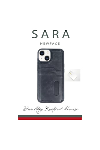 Apple iPhone Uyumlu- 15 Sara Kartvizitli Deri Kılıf - Lacivert