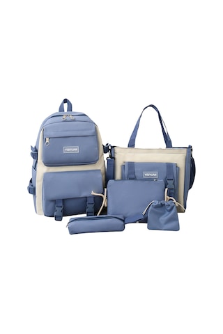 Lemestar Öğrenci İçin Kanvas Beşli Set: Okul Çantası, Sırt Çantası, Posta Çantası, Kalem Kutusu Ve El Çantası - Mavi Mavi