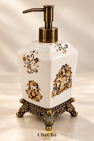 Chacha Home Aurelia Seramik Sıvı Sabunluk 470 Ml Antik Bronz Görünümlü Ayaklı Ve Pompalı 22 Cm Bej - Krem