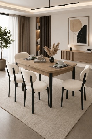 Renlife Açılır Yemek Masası Ve Sandalye Seti Metal Ayaklı 4 Sandalye + 80x130 Masa Sonomo Krem Sonmo Krem