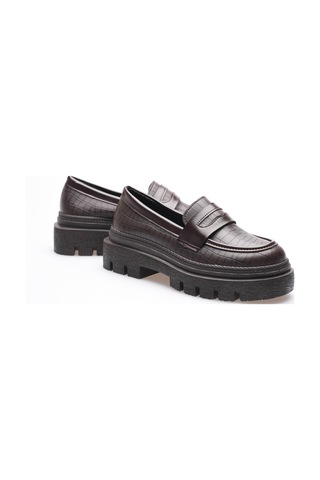 Kadın Deri Loafer Oxford Krokodil Desenli Kalın Comfort Tabanlı Kahve Carmin Kahverengi