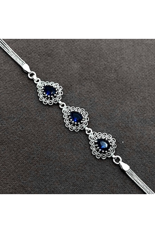 Midyatgümüşnurtaş-Safir Taşlı Damla Model Telkari Gümüş Bileklik