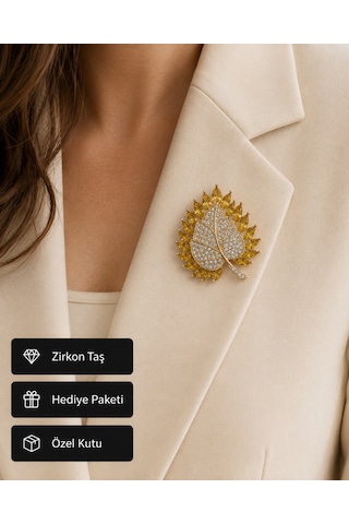 Hediye Sarı Taşlı Yaprak Kadın Broşu Gold Renk Kristal Taş Detaylı Açık Gri