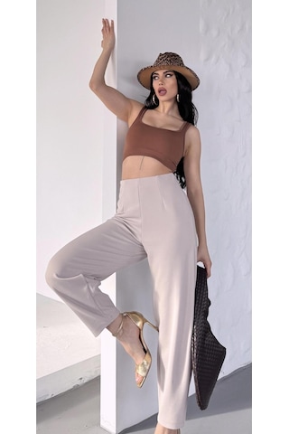 Paw Garage Kadın Bernis Bej Balon Pantolon, Beli Lastikli Şalvar Model Krep Balon Pantolon Basen Gizleyen Taş