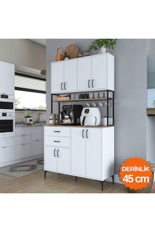 Rani Je213 Kahve Köşesi Çok Amaçlı Dolap 8 Kapaklı 2 Çekmeceli Raflı Kiler Mutfak Dolabı Beyaz - Sepet Ceviz