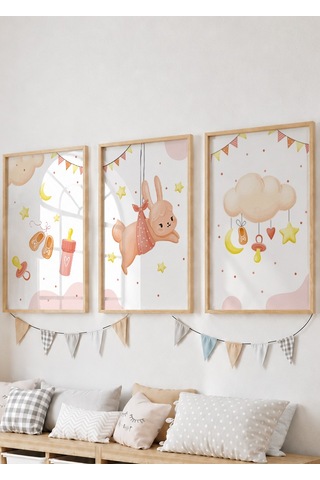 3'lü Bebek Odası Dekoratif Poster Tablo Ahşap Çerçeveli
