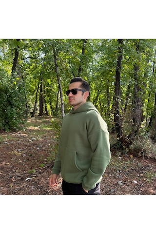 Erkek 3 İplik Basic Oversize Kanguru Cepli Kapüşonlu Sweatshirt Açık Haki