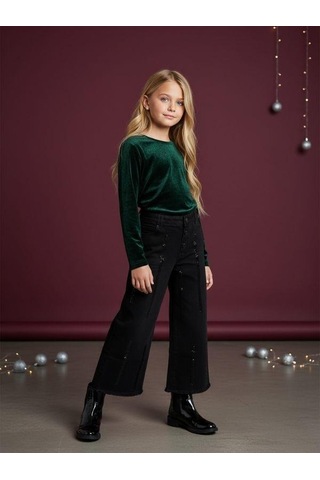 Zekids Kız Çocuk Yumuşak Dokulu Taş İşlemeli Geniş Paçalı Kot Pantolon-16478 Siyah