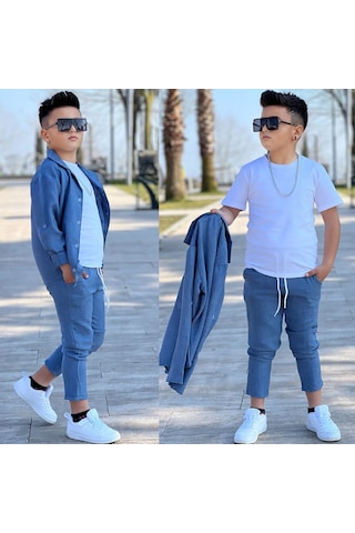 Modavals Kol Katlamalı Keten Gömlek & Beli Lastikli Keten Pantolon & Pamuklu Tshırt & Zincir Aksesuar 4lü Keten Erkek Çocuk Takım Mavi