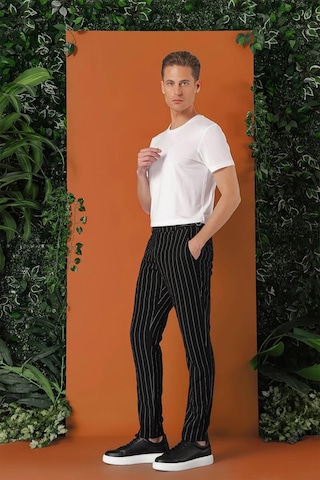 Efor Comfort Fit Yandan Tokalı Çizgili Keten Casual Siyah Pantolon P 1151 Siyah