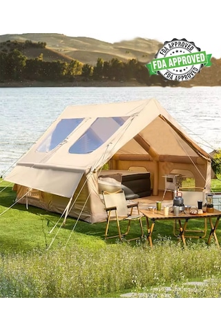 12 Kişilik Şişme Kamp Çadırı 4 Mevsim Deniz Çadır Oxford Kumaşlı Bej