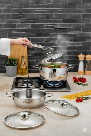 Polochef Vistal 18/10 Paslanmaz Çelik 8 Parça Derin Ve Pilav Tencere Seti 16-20-24 Cm-24cm Gümüş