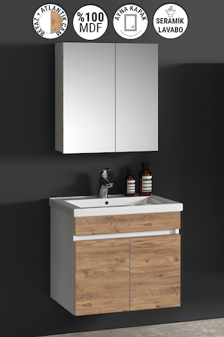 Çiğdem 65 Cm Beyaz-atlantik Mdf Lavabolu Asma Banyo Dolabı Takımı Beyaz - Atlantik Çam