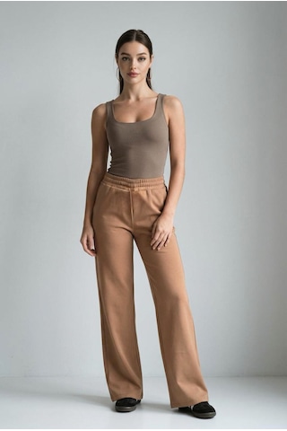 Dokuma Camel Geniş Paça Beli Lastikli Basic Uzun Kadın Pantolon Sh191 S