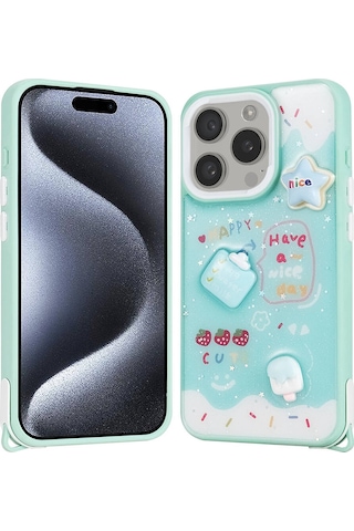 Ardemix Apple Uyumlu iPhone 15 Pro Kılıf Parlayan Simli Kabartma Figürlü Cevze Kapak - Yeşil Yeşil