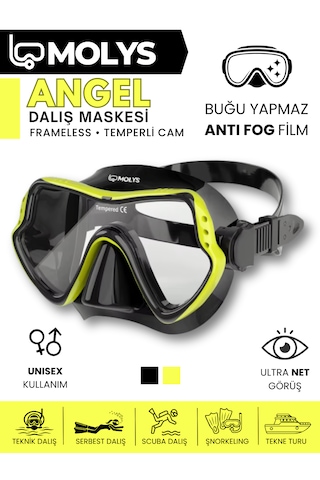 Molys Angel Dalış Maskesi + Antı Fog Buğu Önleyici Film + Pro Full Dry Tam Kuru Şnorkel + Maske Koruma Kutusu Set Halinde Siyah - Sarı
