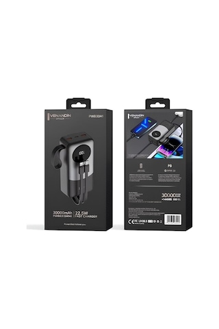 Venandin Pwb30a1 30.000 Mah Led Göstergeli 22.5w Hızlı Kendinden Kablolu Powerbank Siyah