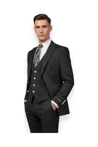 Hermose Sartorial Onyx Siyah Çizgili Yelekli Takım Elbise