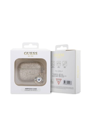 Apple Uyumlu AirPods 3.nesil Kılıf Guess Lisanslı Pu Deri Mavi Beyaz Çizgili Metal Logolu Gold