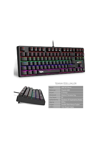 Rgb Gaming Klavye Mekanik Hissiyatlı 87 Tuşlu Kablolu Siyah Oyuncu Kompakt Gaming Tasarım Profesyonel Ekipman Işıklı Gaming Klavye
