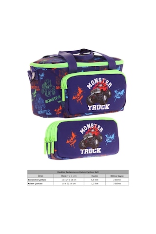 Kaukko L7279+l8279 Beslenme Çantası Isı Yalıtımlı Ve Kalem Çantası Üç Bölme Seti - Erkek Çocuk - Yeşil Lacivert Monster Truck Yeşil - Lacivert