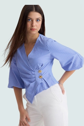 Ersefa Yazlık Kısa Kol Çizgili Terrycotton Bluz V Yaka Casual Modern Sti Mavi