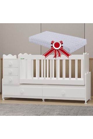 Garaj Home Melina Mdf Çıtalı Beşik + Yatak - Beyaz Beyaz