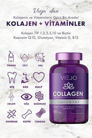 Kolajen Ve Vitaminler Tip 1,2,3,5,10 Ve Biotin, Koenzim Q10, Glutatyon, Vitamin D, B12 60 Tablet