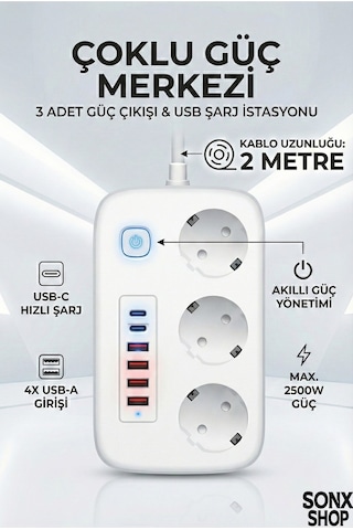 2500w Çoklu Priz 2 Metre - 3 Lü Ac Priz +5 Usb Çıkışı Akım Korumalı Alev Almayan Gövde, 3 Çıkışlı - 10 Metre - Beyaz