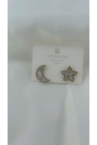 Kadın Ay Yıldız Model Küpe Gümüş Renk Gümüş