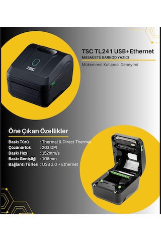 Tsc TL241 TT 203 Dpi Termal Transfer USB 2.0 Ethernet Barkod Yazıcı