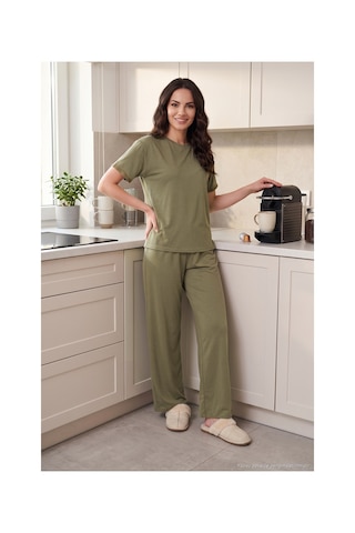 Lela Yumuşak Dokulu Bisiklet Yaka Lastikli Bel Kısa Kollu Pijama Takımı Bayan Pijama Takımı 65720102 Haki