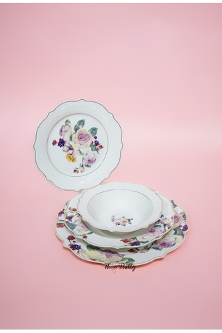 Rose Deluxe New Bone 24 Parça Yemek Takımı Sofra Sunum Seti Beyaz - Pembe